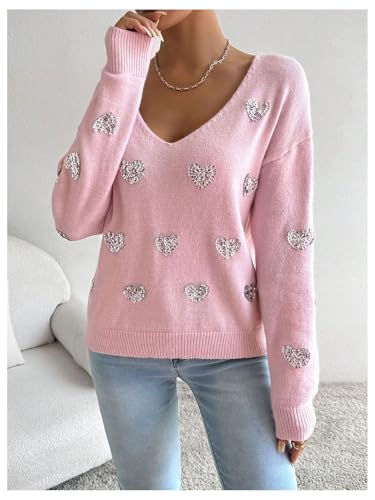 MakeMeChic Women's Glitter Sequin Heart Pattern Sweater Long Sleeve V Neck Knit Tops4