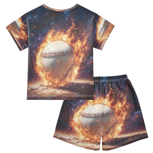 ALAZA Baseball Flame Sky Pajamas Set Short Sleeve Cotton Sleepwear Summer Pjs 2 Piece 5-14Y2