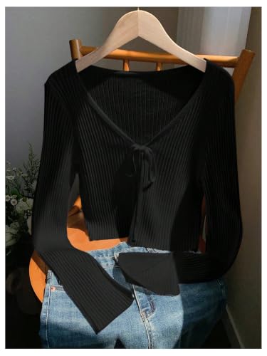 Image of SHENHE Women's Tie Front Long Sleeve Crop Rib Knit Cardigan Lightweight Sweaters Shrug Spring Top