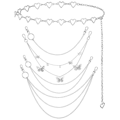 WQSOAFU Chain Belt, 5 Pcs Waist Chain for Jeans Pants Pocket Purse Chains Y2k Belt Punk Accessories, Body Belly Chains for Women Men (Silver Heart Butterfly)