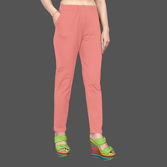 Image of Women's Solid Cotton Lycra Pants-High Waist Slim Fit Stretchable Leggings - Comfortable Long Trousers for Casual, Office & Everyday Wear