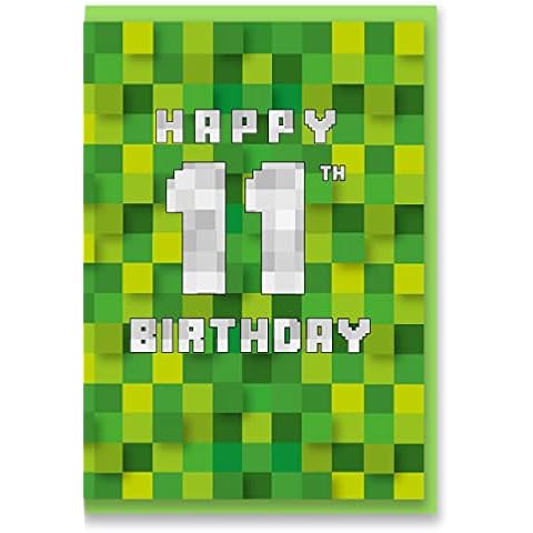 Green Pixel Squares 11th Birthday Card - Gaming Theme - 175x126mm By Jonathan Glick Designs - Minecraft Gaming Inspired Cover