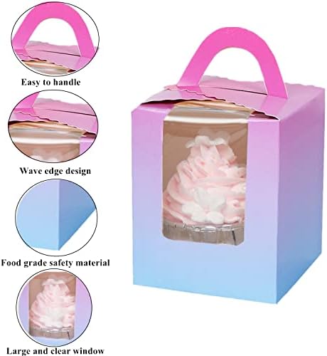 Gbateri 60 Pieces Single Cupcake Boxes Cupcake Carrier with Window & Insert and Handle, Individual Cupcake Box Bakery Boxes Treat Gift Boxes Mini Cavity Cake Boxes, Muffins Containers (Rainbow)