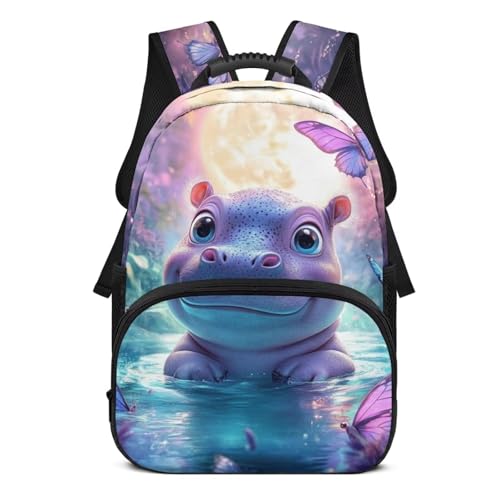 Doojoayie Boys Backpack Hippo School Bag for Boys Kawaii Backpack for School Kids Bookbag for Teens Lightweight & Large Capacity 17 inch Back Pack for Travel