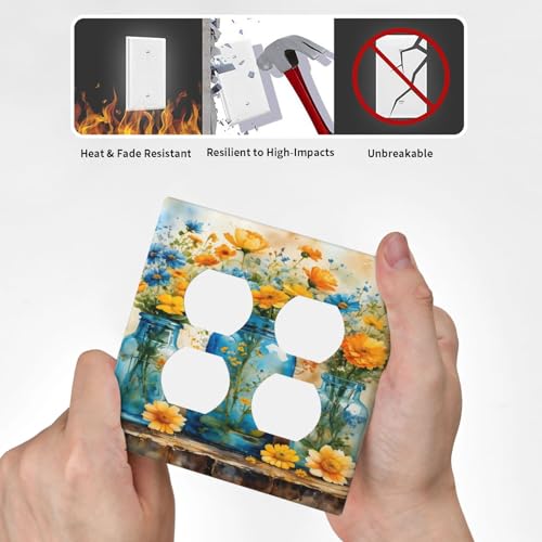 Decorative Outlet Covers Rustic Yellow Flowers Floral Blue Bottles 2 Gang Wall Plate Cover Double Duplex Receptacle Two Switch Light Switch Cover Plate Jumbo Dual Faceplate