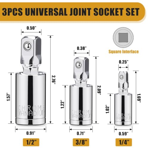 Image of Universal Joint Socket Adapter Set 3PCS, 1 /4 inch, 3 /8 inch, 1 /2 inch Drive Swivel Socket Adapters, 360 Flexible CR-V Steel Impact Socket Extension for Ratchet Wrench, Automotive, Motorcycle Repair