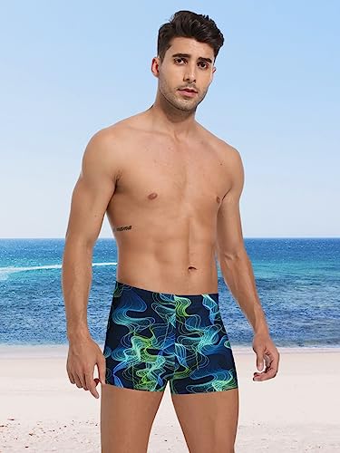 K898 Men's Square Leg Swimming Jammer Shorts UPF50+,Men Swimsuit Swim Jammers Fabric Shape Retention (Blue Wavy Green,XL)
