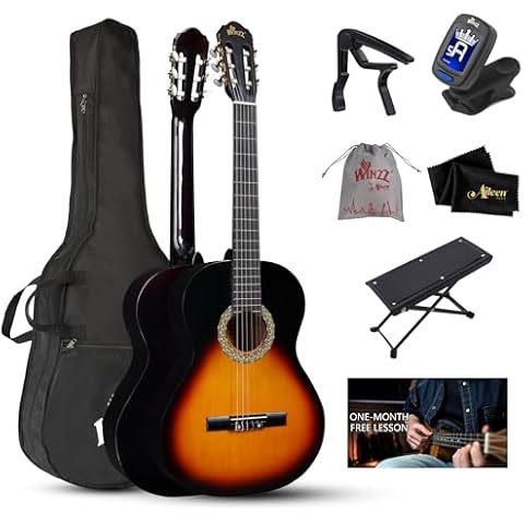 WINZZ AC00LH 39 Inches Full Size Classical Guitar Beginner Acoustic Nylon Strings with Full Kit, Sunburst Cover
