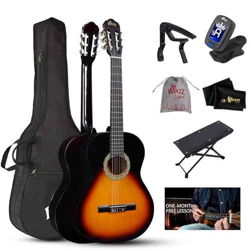 WINZZ AC00LH 39 Inches Full Size Classical Guitar Beginner Acoustic Nylon Strings with Full Kit, Sunburst