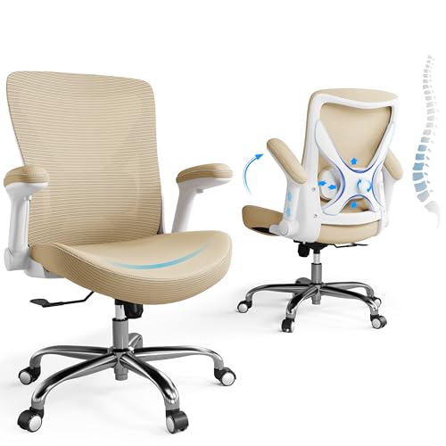 Ergalithic Home Office Ergonomic Chair-Computer PU Leather X-Shaped Desk Chair-Gaming Chair with Adjustable Flip-up Armrests Lumbar Support Mesh Executive Chair for Long Hours Office (Khaki)