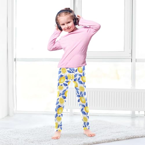 Wusikd Lemon Blue Leaves Girls' Leggings Toddler Doodles Yellow Kids Yoga Pants Dance Active Tights 4T4