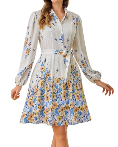 Image of Women Long Sleeve Spring Button Down A-Line Floral Print Summer Cocktail Shirt Dresses with Belt