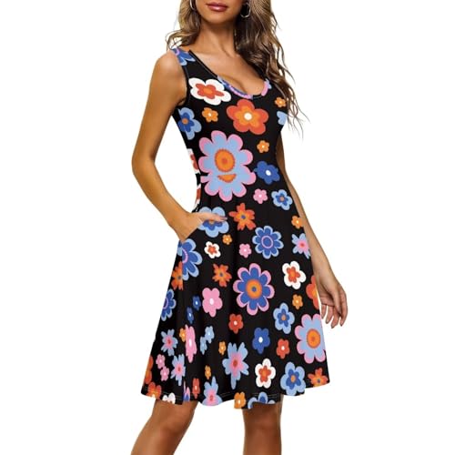 Image of Women's Casual Loose Sundress Midi Sleeveless Crewneck Dress Summer Beach Tank Dress with Pockets