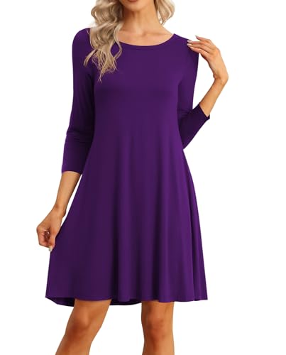 Image of VIISHOW Womens Round Neck 3 /4 Sleeves A-line Casual Tshirt Dress with Pocket