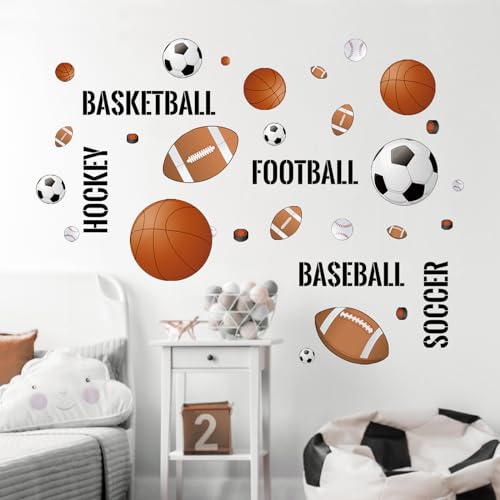 Tanlaby Stickers Muraux Ballons de Sport Autocollants Muraux de Football de Basketball Sticker Mural ​de Hockey de Baseball pour Garçon Pépinière D'enfant...