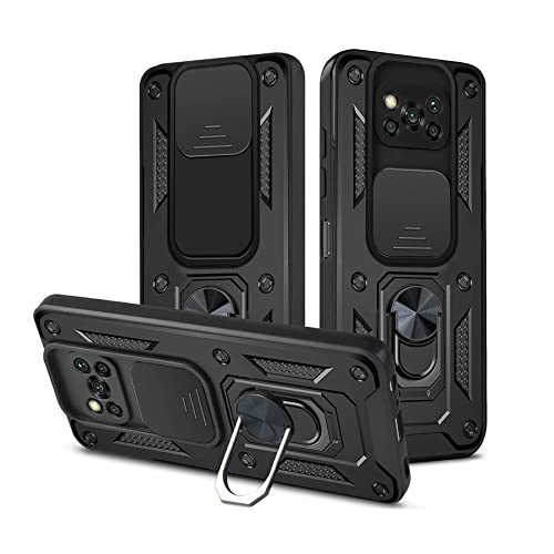 PANXIYUE Coque pour Xiaomi Poco X3 Pro/Poco X3 NFC,avec Lentille Coulissante Couverture et 360°Support Rotatif de Bague magnétique Dur PC et TPU Silicone Antichoc Protection Etui Housse,Noir Cover