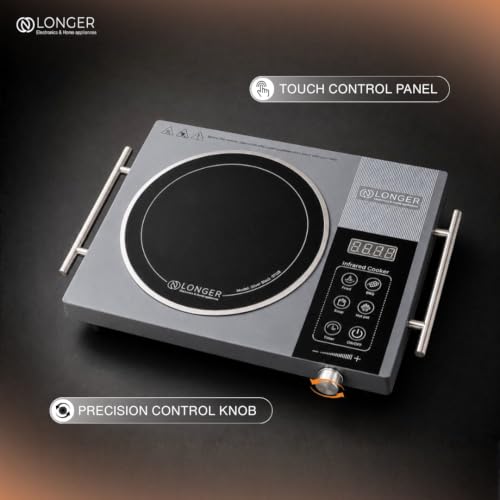 Image of LONGER 2500W Infrared Cooktop with Grill Rack - Dual Control (Touch + Knob), Crystal Glass Hot Plate, Digital Display, 240V Portable Electric Stove, Universal Cookware Compatible (Silver)