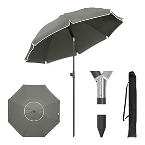 WOLTU Sonnenschirm Balkon φ155cm, UV-Schutz Strandschirm UPF 50+, Höhenverstellbar und Knickbar, Tragbar mit Tragetasche, Belüfteter Rundschirm für Balkon Garten Strand, Dunkelgrau
