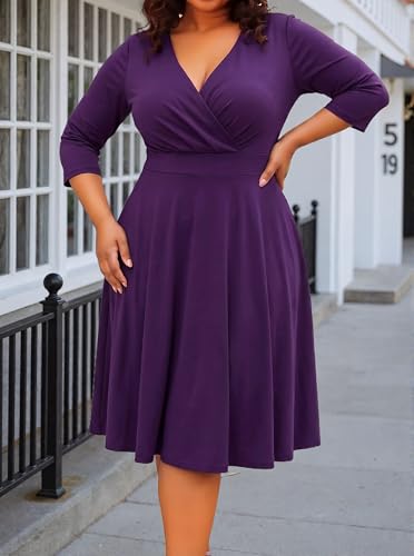 Image of Womens Plus Size Dresses Faux Wrap Summer Dress 3 /4 Sleeves V Neck 1950s Retro Vintage Wedding Party Midi Dress