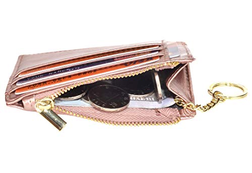 Image of Womens Slim RFID Credit Card Holder Mini Front Pocket Wallet Coin Purse Keychain (Oil Rose Gold)