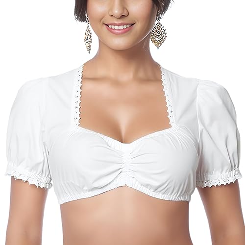 Jdlsppl Women's Dirndl Cotton Blouse Short Sleeve Traditional German Crop Top Soft Oktoberfest Shirt Ruched Cropped Top Summer Bavarian Shirt White Large