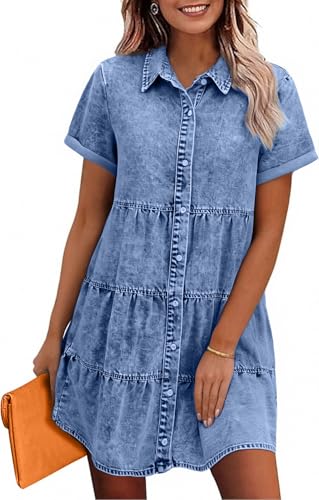 Denim Dress for Women Button Down Short Sleeves Casual Summer Jean Shirt Babydoll Denim Dress