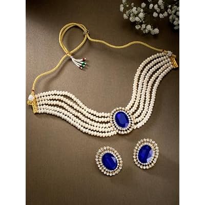Aheli Kundan Pearl Choker Multi Layered Beaded Necklace Earrings Set Indian Traditional Wedding Jewelry for Women, AH-PF26N1403
