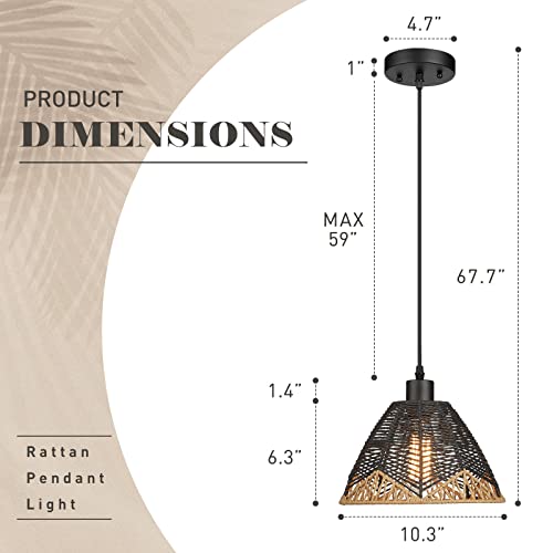 Image of zeyu 1-Light Rattan Pendant Light, Farmhouse Boho Hanging Lamp for Dining Room Kitchen, Handwoven Paper Twine Shade in Black Finish, ZSL69MIL BK
