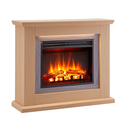 BALDERIA Charon Elektrokamin - Elektrischer Standkamin mit Heizung 1000/2000 W, realistischer 3D-Flammeneffekt, LED-Beleuchtung, Fernbedienung programmierbar, Timer, Thermostat - Hellbraun