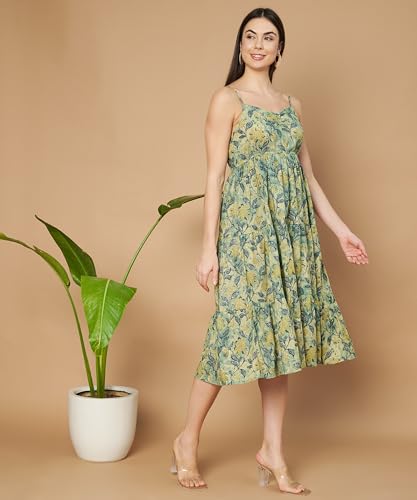 Image of COTLAND Fashions Breathable Cotton Printed A-Line Midi Dress for Women