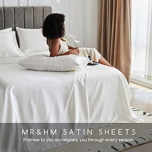 Image of MR&HM Satin Bed Sheets, Full Size Sheets Set, 6 Pcs Silky Bedding Set with 15 Inches Deep Pocket for Mattress (Full, Ivory)