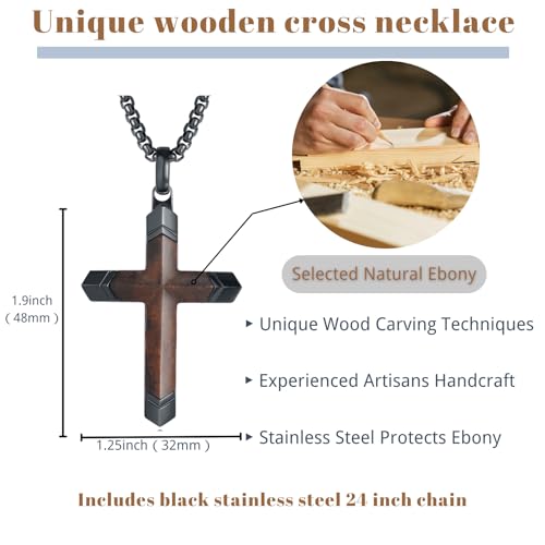 Wooden Cross Necklace for Men, Handmade Real Ebony Wood Cross Pendant Stainless Steel Chain, Mens Cross Necklaces Natural Wood Christian Gifts, 24 inch box chain3