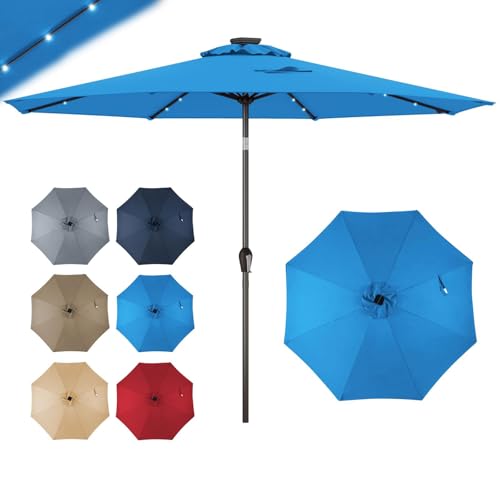 GOPLUS Parasol de Jardin Exterieur 3M, Inclinable 8 Baleines, Lumineux Solaire 24 LED, Manivelle, Anti-UV, Grand Parasol en Métal pour Plage Balcon Patio, Base Non Incluse (Bleu)