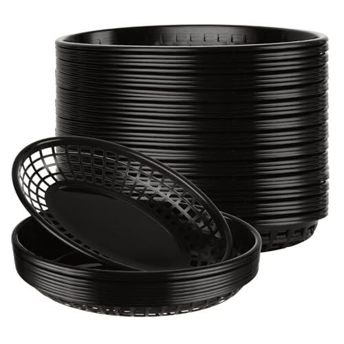 VIDETOL 100 cestas de plástico para alimentos, 22 x 14 x 4 cm, cesta ovalada reutilizable para frutas, cesta negra de comida rápida para fiestas, picnics, barbacoas
