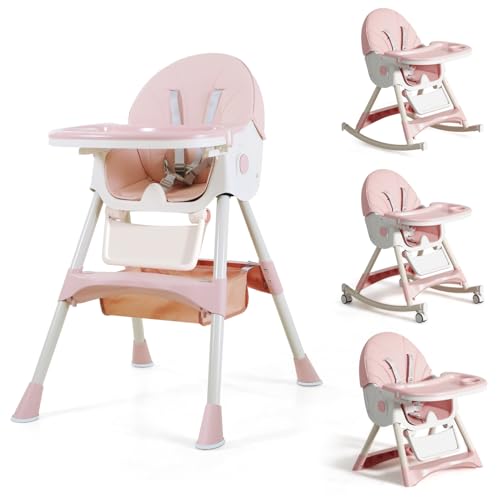 Image of Sunchildor 4 in 1 Foldable Baby High Chair with Removable Tray, Safety Belt, Footrest and Wheels, Convertible Toddler High Chair, Pink