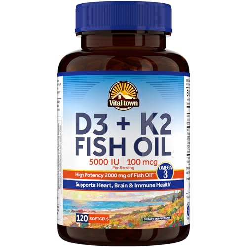 Vitalitown Vitamin D3 K2 with Fish Oil Omega-3 Supplements 1000mg EPA DHA Omega 3 Fatty Acids from Fresh Wild Caught Fish Support for Heart & Brain Health 120 Softgels