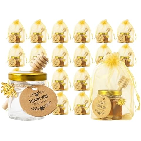 1.5oz 24 Pack Mini Glass Hexagon Canning Jars with Gold Lid, Bee Charms Pendant, Honey Dipper Sticks, Gold Gift Bags, Thank You Gift Tags, Jute Tag String, Baby Shower, Wedding Favors (24-golden) Cover
