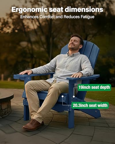 YEFU Adirondack Chair Weather Resistant: Outdoor Chair HIPS Plastic Adirondack Chairs - Patio Chairs with Wood Texture - Lawn Fire Pit Deck Porch Garden Chairs for Adults (Navy Blue)