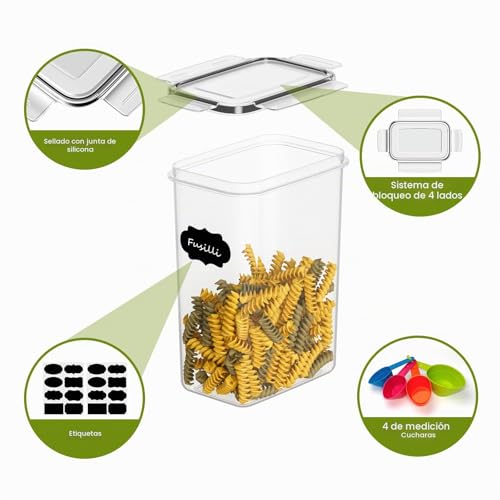 Miniatura 6 de Withosent Botes Cocina Almacenaje 16 Piezas, Recipientes Para Alimentos De Plástico, Hermeticos Contenedores Cocina Para Cereales, Pasta, Granos 2l 1.6l 0.8l