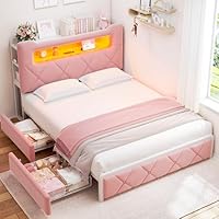 Full Upholstered LED Bed Frame with 2 Storage Drawers and 2-Tier Storage Headboard, Velvet Princess Platform Bed with Charging Station & Bookcase, Heavy Duty Metal Support, No Box Spring Needed, Pink