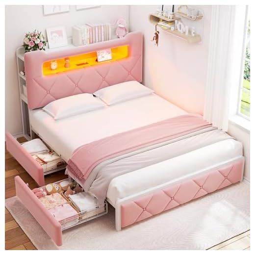 Pink LED Upholstered Full Bed Frame