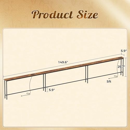 Image of Huuger 149.6 Inch Sofa Table with Power Outlets, Skinny Behind Couch Table | 5.9 Inch Narrow Entryway Table, Extra-Long Console Table, Behind the Couch Table with Outlet for Living Room, Rustic Brown