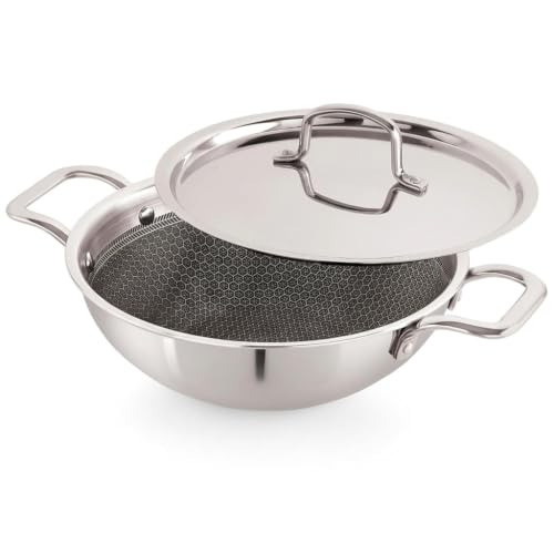 Image of Tanish Trading Triply Stainless Steel Wok with Honeycomb Pattern | 24cm (9.5 inch), 2.1L Capacity | Scratch Resistant | Gas, Induction & Electric Compatible | Silver