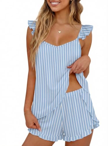 Image of Ekouaer Pajamas for Women set 2 Piece Ruffle Tank Top Split Leg Cami Shorts