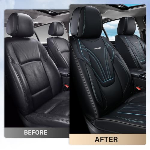 Image of Coverado Car Seat Covers Full Set, 5 Piece Car Seat Protector with Lumbar Support & Removable Headrest, Breathable Leather Front Rear Seat Cushion Universal Fit for Truck Automotive Black & Blue