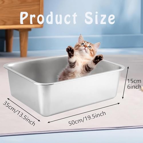 Kattenbak kattenbak, roestvrijstalen kattenbak, grote kattenbak, 49,5 cm L x 34,3 cm B x 15,2 cm H, absorbeert nooit geuren, roestvrij, plakt niet glad oppervlak - Afbeelding 5