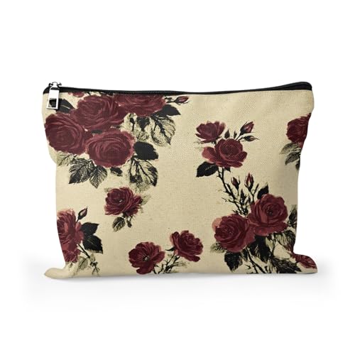Cafl Burgundy Rose Vintage Makeup Bag flower Cosmetic Bag for Women Large Capacity Make Up Bag Portable Travel Toiletry Pouch Organizer 10 * 8inch