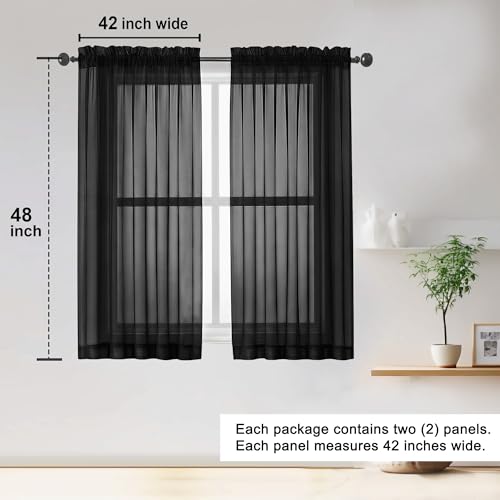 Image of OWENIE Sheer Black Curtains 84 Inch Length 2 Panels Set for Living Room Bedroom, Rod Pocket Voile Sheer Panel Drapes, Black, 2pcs, Each 42 inch W x 48 inch L