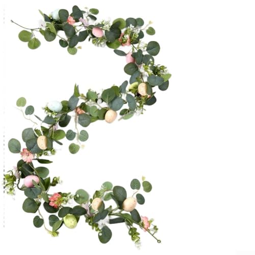 Floweringbeter Guirnalda de vid de eucalipto artificial suave al tacto con huevos de Pascua decorativos, artesanía hecha a mano y longitud flexible para decoración de temporada interior