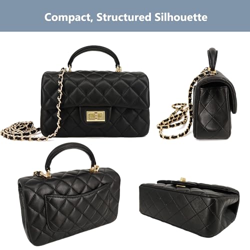 Image of M-ioi-M Small Quilted Crossbody Bag for Women, Genuine Leather Mini Shoulder Flap Purse with Gold Chain Strap & Top Handle